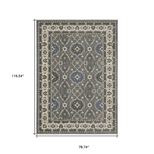 5' X 8' Blue And Gray Oriental Area Rug With Fringe